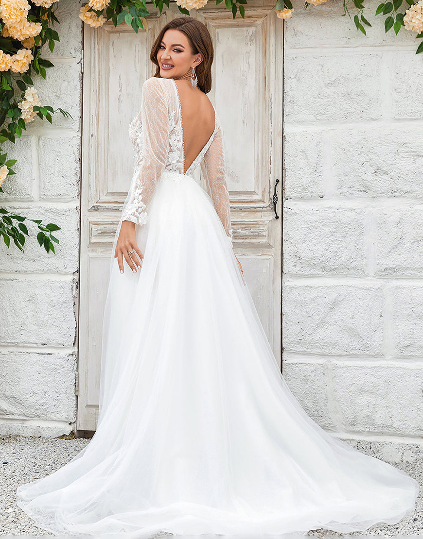 Luolandi Deep V-Neck Ivory Tulle Sweep Train Wedding Dress with Lace Open Back Sexy