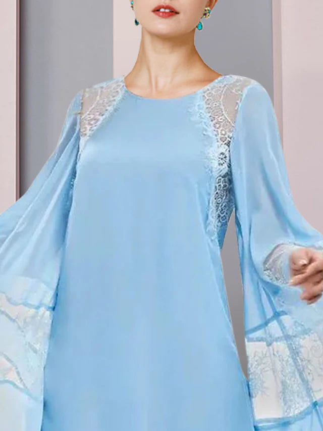 Luolandi A-Line Mother of the Bride Dress Formal Wedding Guest Plus Size Elegant Jewel Neck Short / Mini Lace Long Sleeve