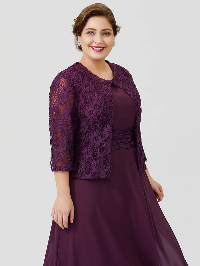 Luolandi A-Line Mother of the Bride Dress Formal Classic & Timeless Elegant & Luxurious Plus Size Scoop Neck Tea Length Chiffon Floral Lace Sleeveless yes with Sash / Ribbon