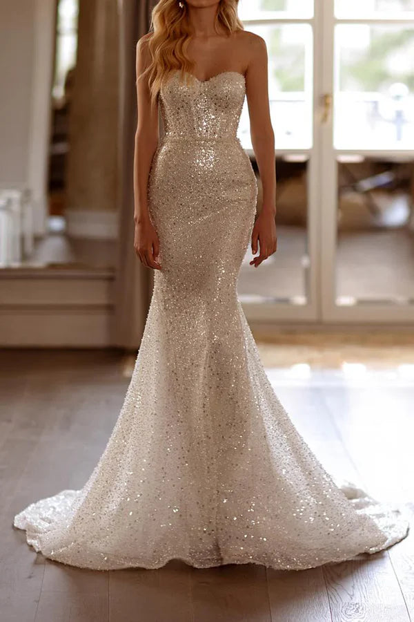 Luolandi Mermaid Strapless Boho Long Wedding Dress Off Shoulder Sparkly Evening Dress