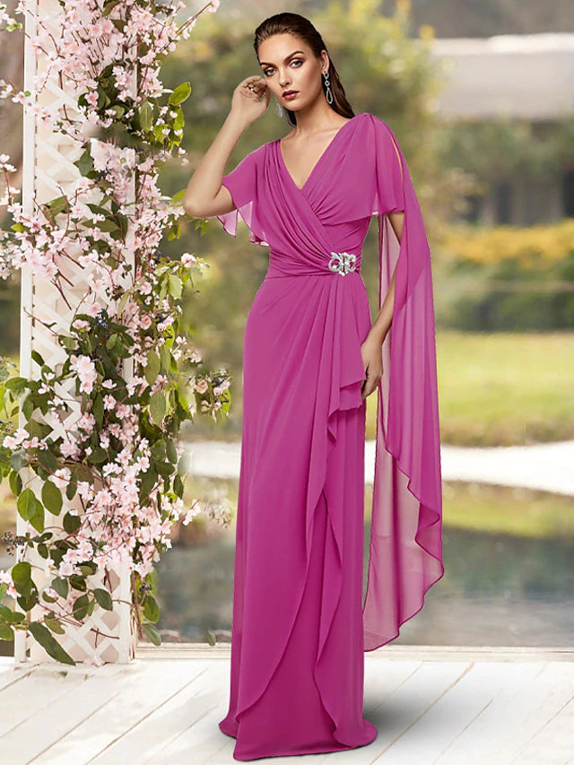 Luolandi Sheath / Column Mother of the Bride Dress Elegant V Neck Floor Length Chiffon Sleeveless with Pleats Crystal Brooch
