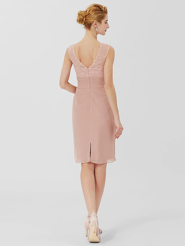 Luolandi Sheath / Column Mother of the Bride Dress Formal Classic & Timeless Elegant & Luxurious Convertible Dress Jewel Neck Knee Length Chiffon Sheer Lace 3/4 Length Sleeve with Sash