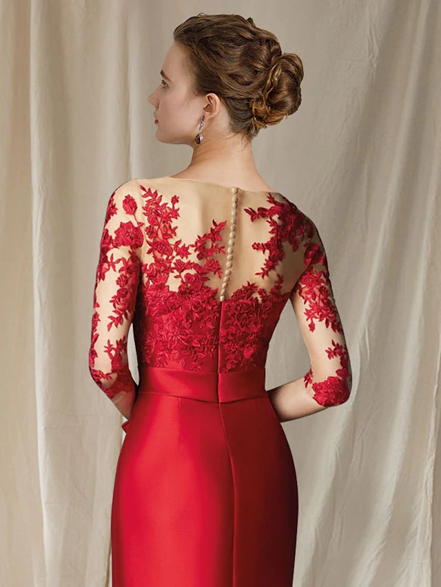 Luolandi Mermaid / Trumpet Mother of the Bride Dress Plus Size Elegant Jewel Neck Floor Length Satin Lace Half Sleeve with Bow(s)