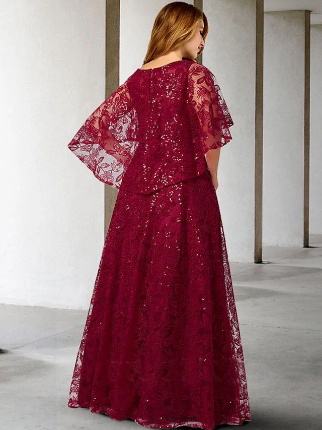 Luolandi A-Line Mother of the Bride Dress Plus Size Elegant Jewel Neck Floor Length Lace Half Sleeve No with Sequin