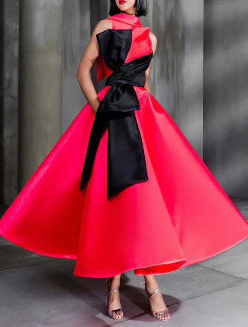 Luolandi Ball Gown Color Block Celebrity Style Elegant Prom Formal Evening Birthday Dress Christmas Red Green Dress High Neck Sleeveless Ankle Length Satin with Bow