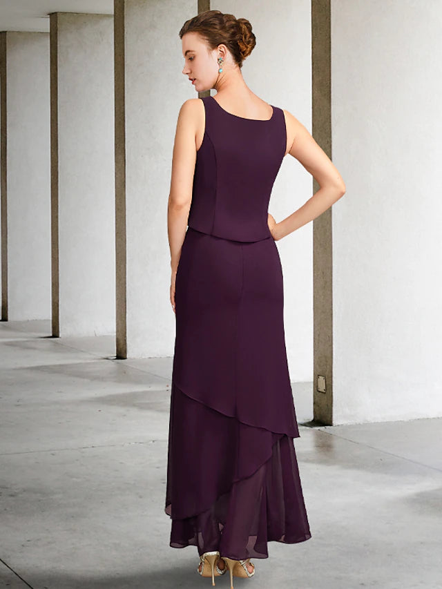 Luolandi Two Piece A-Line Mother of the Bride Dress Plus Size Elegant Square Neck Ankle Length Chiffon Sleeveless Wrap Included Jacket Dresses with Pearls Beading