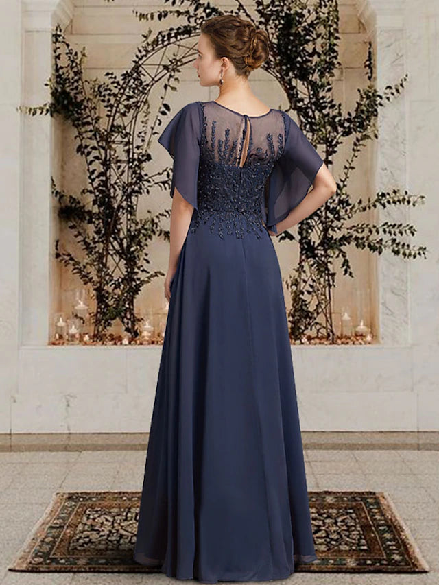 Luolandi A-Line Mother of the Bride Dress Elegant Jewel Neck Floor Length Chiffon Lace Short Sleeve with Beading