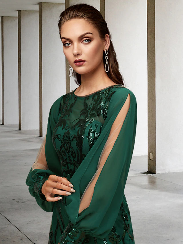 Luolandi Mermaid / Trumpet Mother of the Bride Dress Wedding Guest Elegant Sparkle & Shine Jewel Neck Sweep / Brush Train Chiffon Sequined Long Sleeve with Sequin