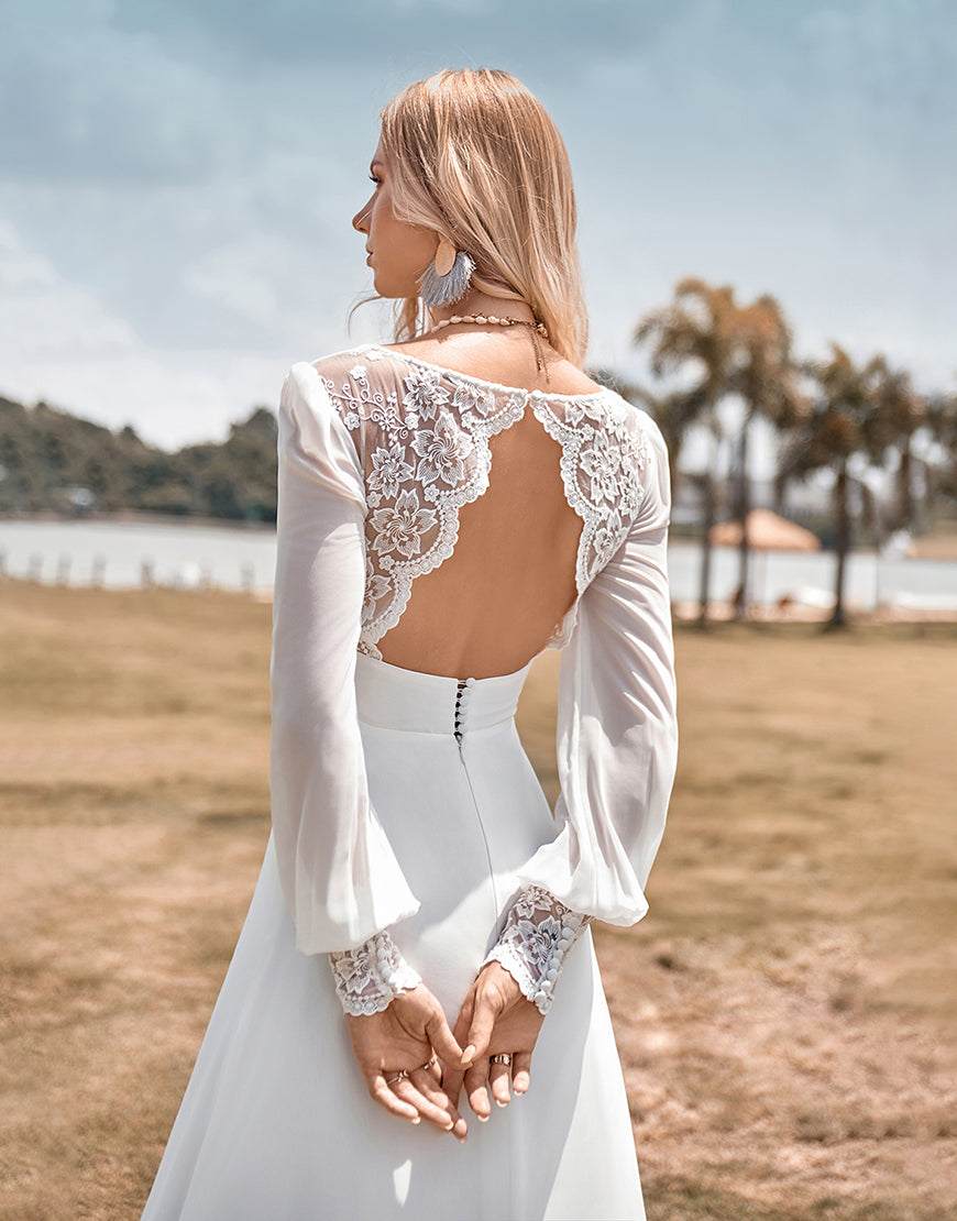 Luolandi Ivory Boho Simple Sheath Long Sleeves Wedding Dress with Lace V-neck Floor Length