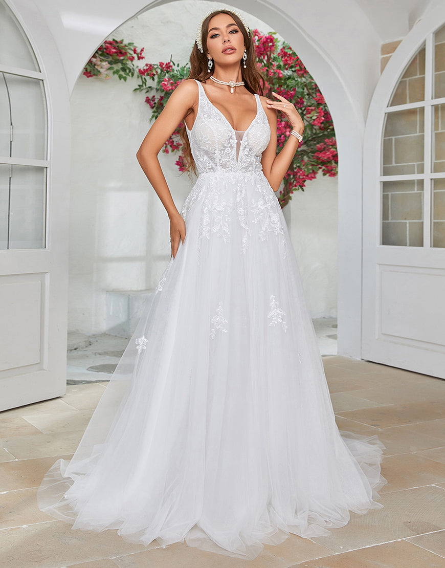 Luolandi Elegant V-Neck Sweep Train Wedding Dress with Lace Floor Length Sexy Bridal Gown
