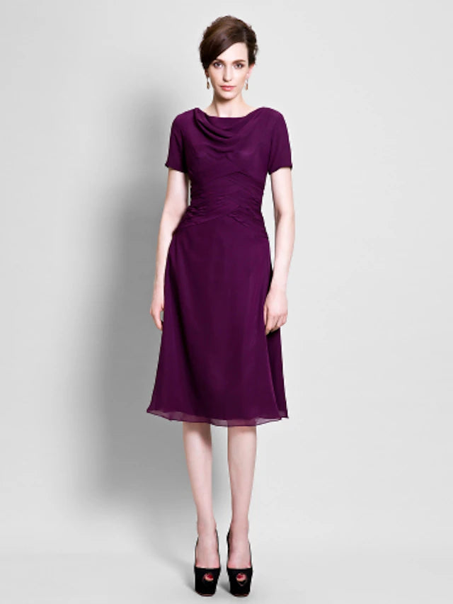 Luolandi A-Line Mother of the Bride Dress Cowl Neck Tea Length Chiffon Short Sleeve with Ruched Side