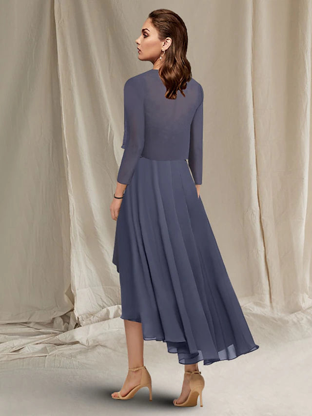 Luolandi A-Line Mother of the Bride Dress Elegant High Low Jewel Neck Asymmetrical Tea Length Chiffon Lace Short Sleeve Wrap Included with Ruched Sequin