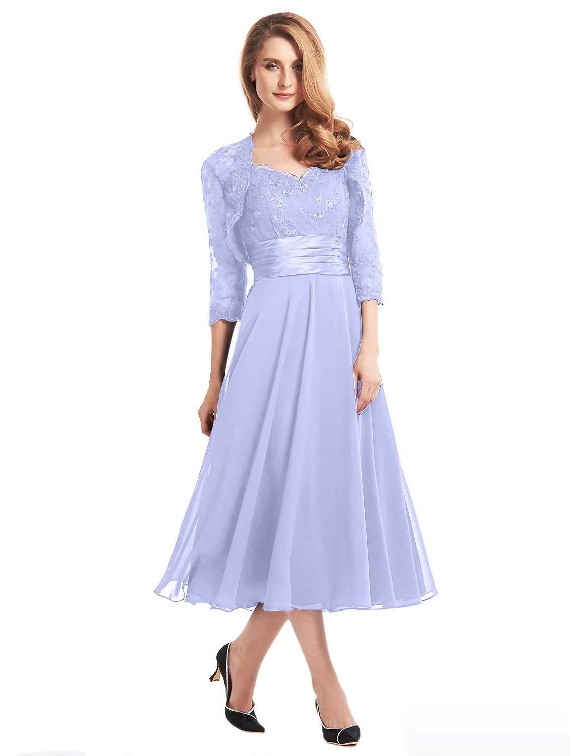 Luolandi A-Line Mother of the Bride Dress Convertible Dress V Neck Tea Length Chiffon Corded Lace Sleeveless with Lace