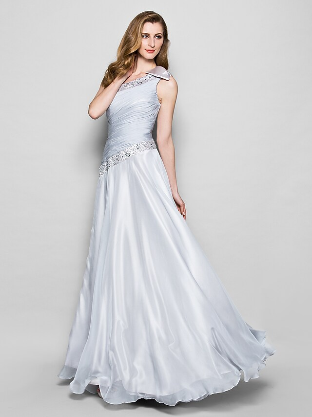 Luolandi A-Line Mother of the Bride Dress Elegant One Shoulder Floor Length Chiffon Sleeveless with Bow(s) Beading