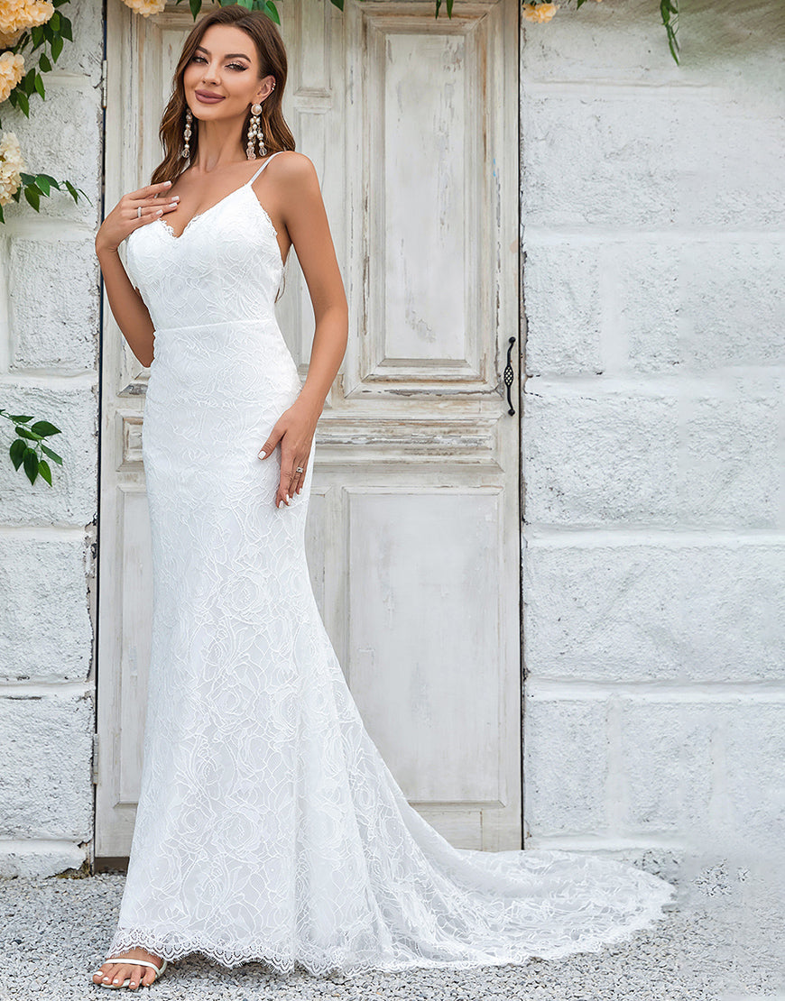 Luolandi Ivory Mermaid Lace Backless Wedding Dress Open Back Sexy