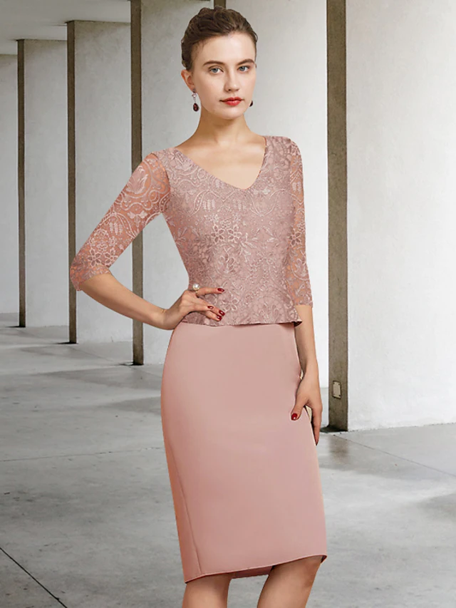Luolandi Mother of the Bride Dress Elegant Jewel Neck Knee Length Lace Fabric Half Sleeve with Appliques Dusty Rose