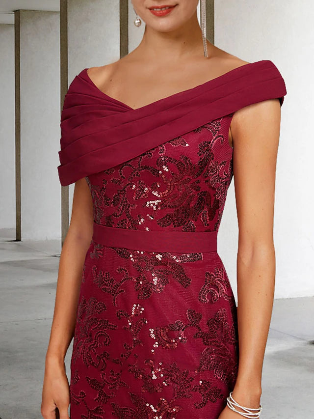 Luolandi A-Line Mother of the Bride Dress Elegant Sparkle & Shine V Neck Floor Length Lace Fabric Short Sleeve with Appliques