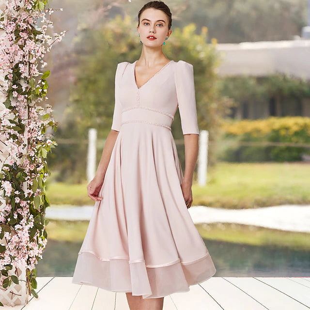 Luolandi A-Line Mother of the Bride Dress Elegant V Neck Tea Length Chiffon Half Sleeve with Beading
