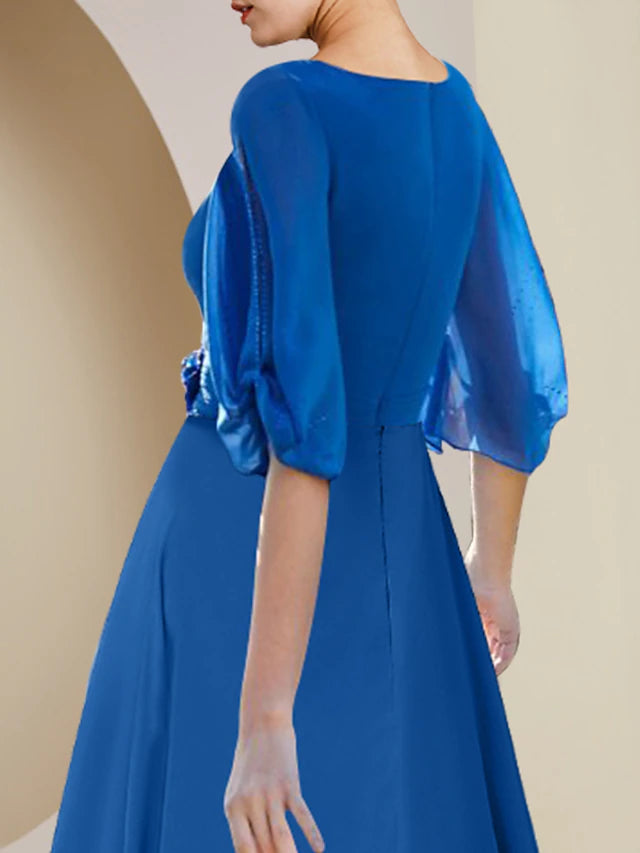 Luolandi A-Line Mother of the Bride Dress Wedding Guest Party Elegant V Neck Asymmetrical Chiffon Half Sleeve with Crystal Brooch