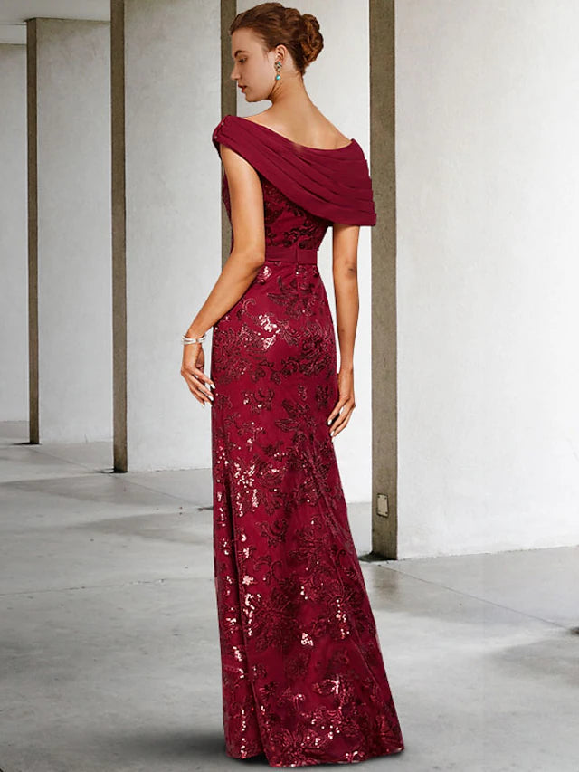 Luolandi A-Line Mother of the Bride Dress Elegant Sparkle & Shine V Neck Floor Length Lace Fabric Short Sleeve with Appliques