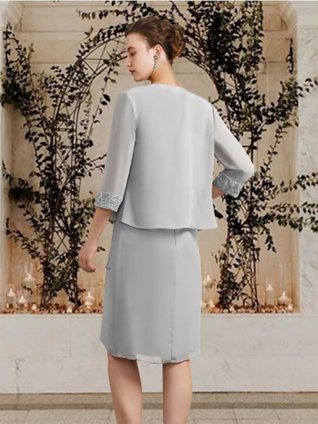 Luolandi Two Piece Sheath / Column Mother of the Bride Dress Church Elegant Square Neck Jewel Neck Knee Length Chiffon Lace Sleeveless Wrap Included