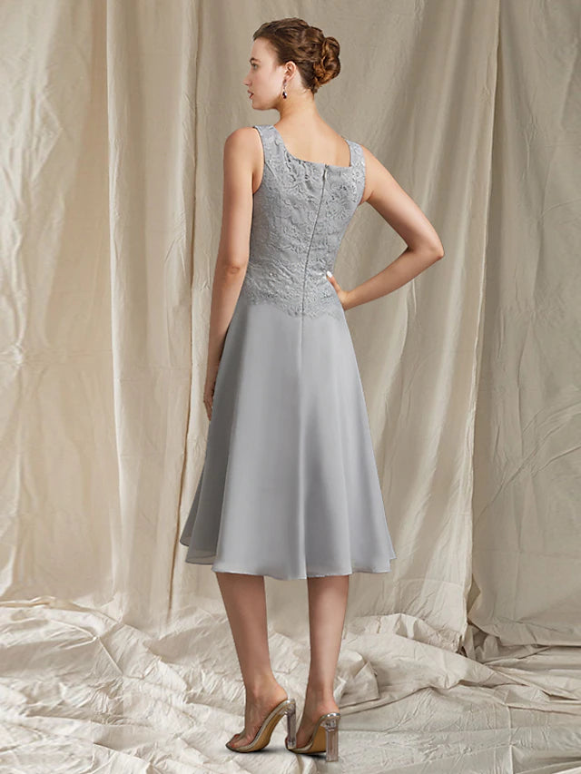 Luolandi Two Piece A-Line Mother of the Bride Dress Church Elegant Jewel Neck Knee Length Chiffon Lace Sleeveless Wrap Included