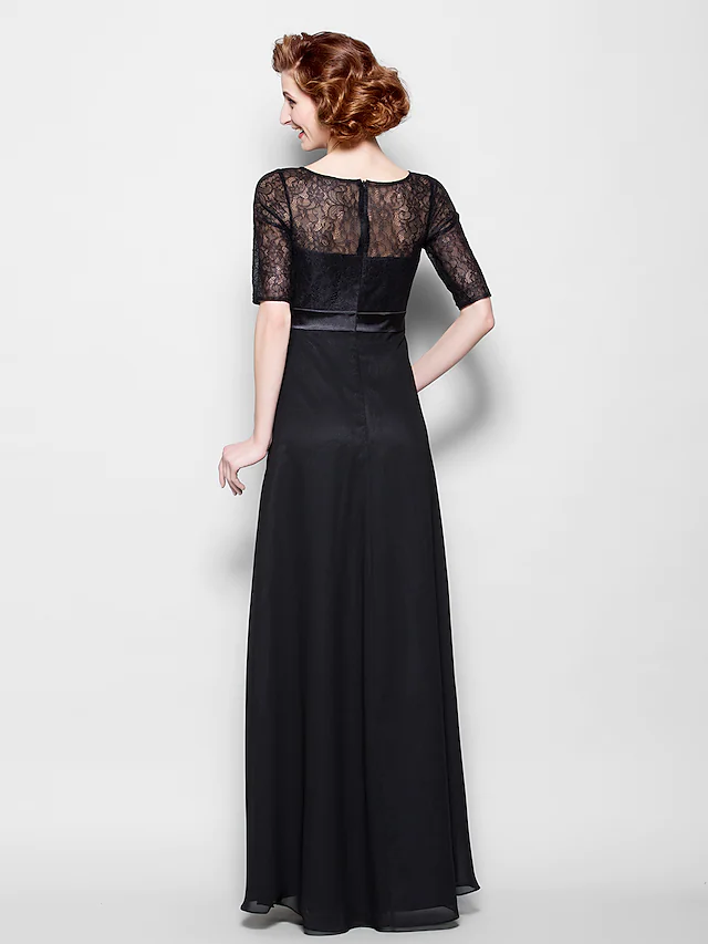 Luolandi A-Line Mother of the Bride Dress Jewel Neck Floor Length Chiffon Lace Half Sleeve with Lace Sash Ribbon Crystal