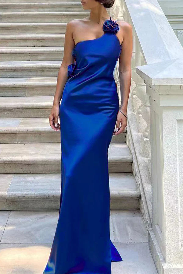 Luolandi Sexy solid color stickers with slanted collar straps for evening dressing Royal Blue