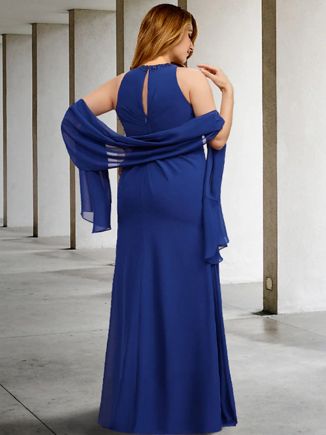 Luolandi Two Piece A-Line Plus Size Curve Mother of the Bride Dresses Elegant Dress Formal Floor Length Sleeveless Jewel Neck Chiffon with Pleats