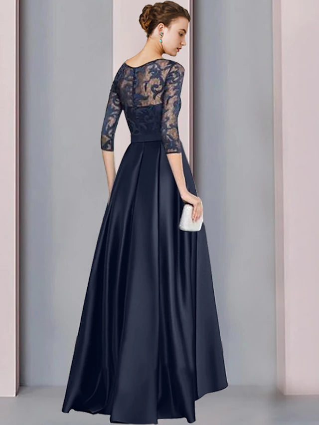 Luolandi A-Line Mother of the Bride Dress Wedding Guest Elegant High Low Scoop Neck Asymmetrical Floor Length Satin Lace Half Sleeve with Bow(s)