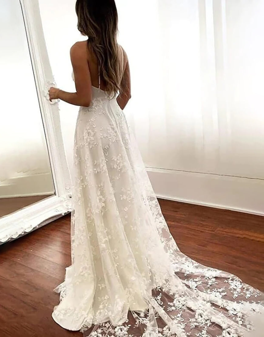 Luolandi Elegant Beach A Line Spaghetti Straps Lace Open Back Long Wedding Dress With Slit