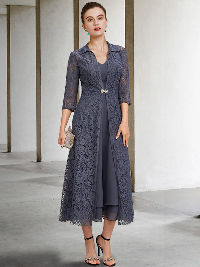 Luolandi A-Line Mother of the Bride Dress Elegant V Neck Tea Length Chiffon Lace Sleeveless Jacket Dresses with Tier