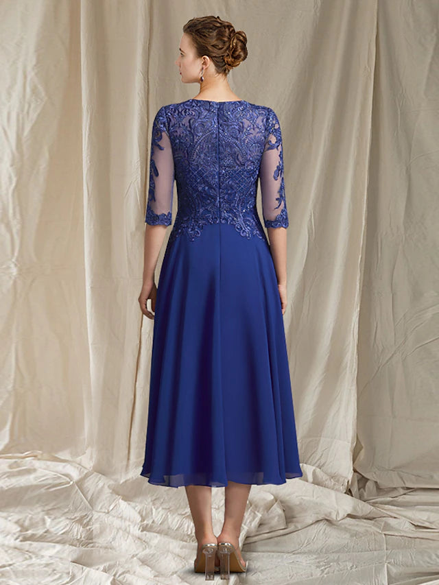 Luolandi A-Line Mother of the Bride Dress Elegant Jewel Neck Tea Length Chiffon Lace Half Sleeve with Appliques