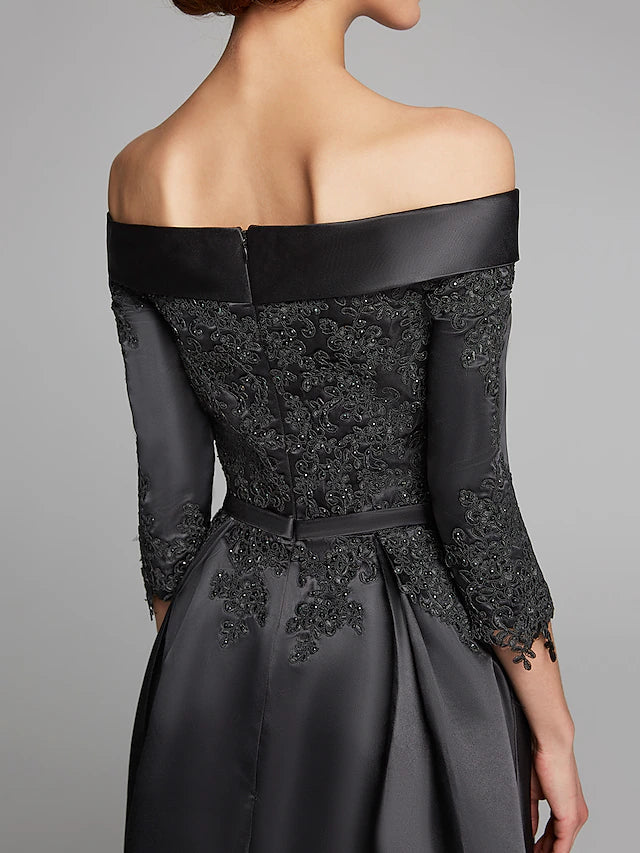 Luolandi A-Line Mother of the Bride Dress Plus Size Sexy Off Shoulder Tea Length Satin Lace 3/4 Length Sleeve