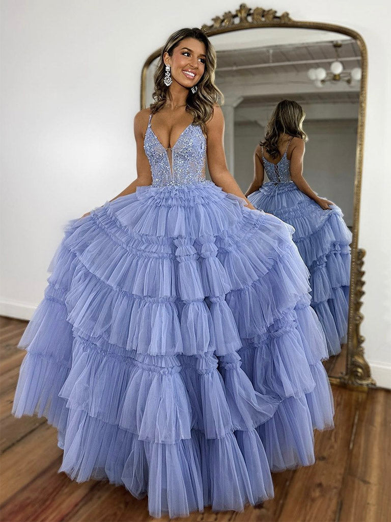 Luolandi Blue V Neck Lace Tulle Long Prom Dress Graduation Dress with Appliques Sexy