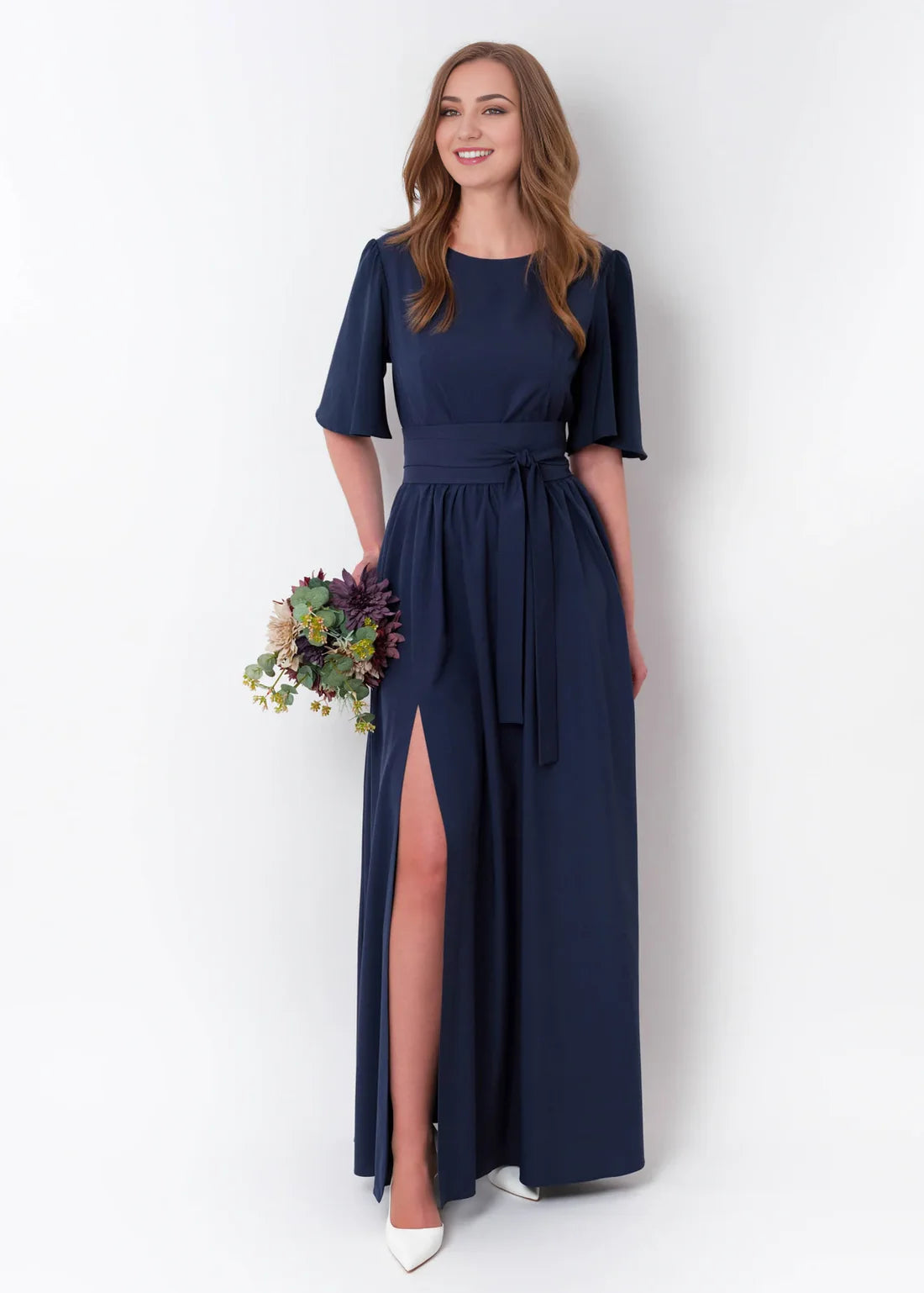 Luolandi Navy Blue Long Slit Dress With Belt Bridesmaid Dress Cocktail Dress Wedding Guest Dress Elegant