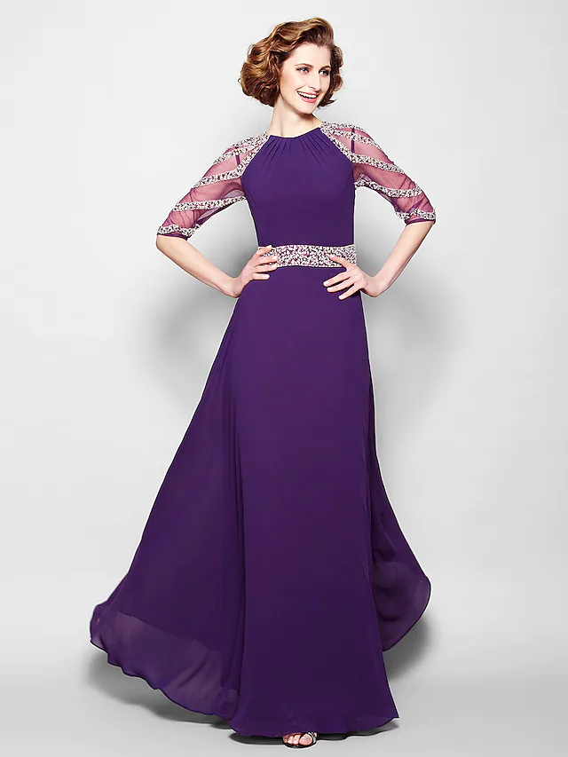 Luolandi A-Line Mother of the Bride Dress See Through Jewel Neck Floor Length Tulle Georgette Half Sleeve with Sash Ribbon Beading