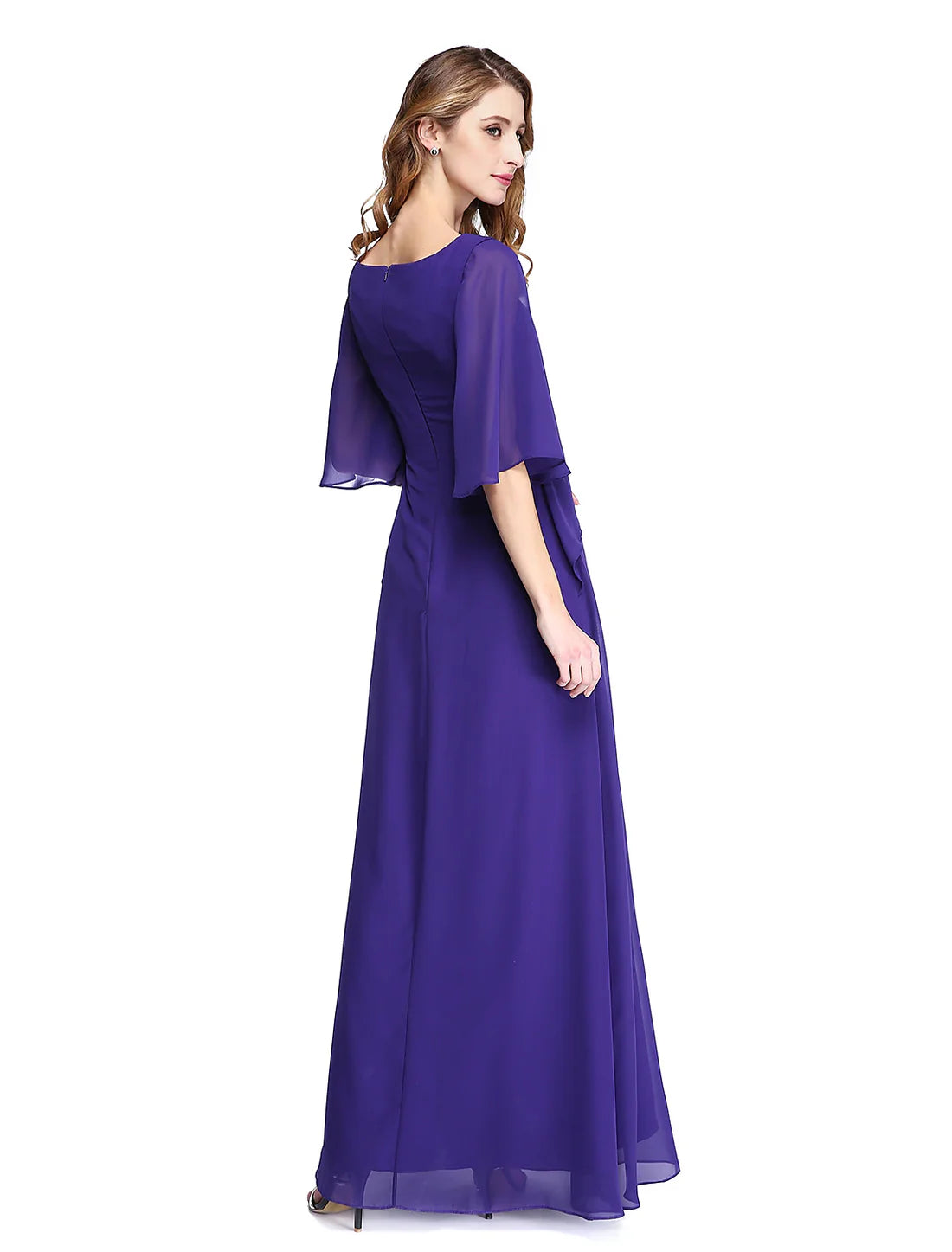 Luolandi Sheath / Column Mother of the Bride Dress Elegant Open Back Jewel Neck Floor Length Chiffon Half Sleeve with Pleats Beading
