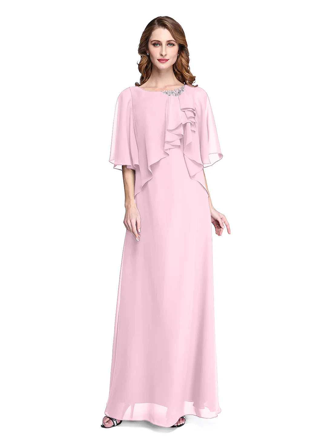 Luolandi Sheath / Column Mother of the Bride Dress Elegant Open Back Jewel Neck Floor Length Chiffon Half Sleeve with Pleats Beading
