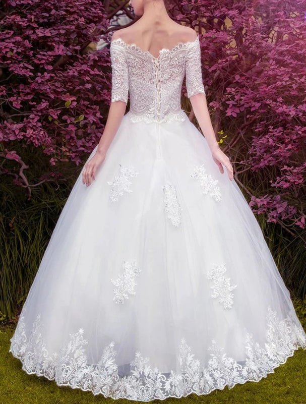 Luolandi A-line Off-Shoulder Floor-Length Tulle Lace Appliqued Wedding Dresses Charming