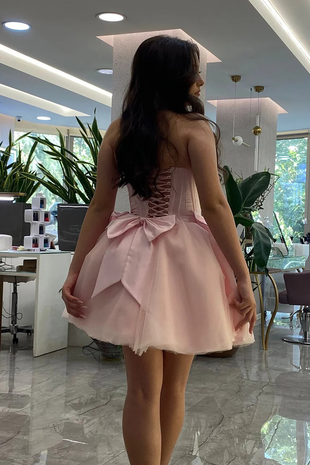 Luolandi A Line Pink Strapless Homecoming Dress With Bows Off Shoulder Beautiful Graduation Dress