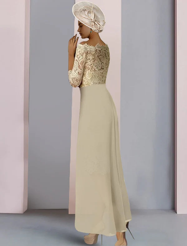 Luolandi Sheath / Column Mother of the Bride Dress Formal Wedding Guest Elegant Scoop Neck Knee Length Chiffon Lace Half Sleeve with Appliques Champagne