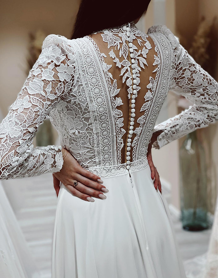 Luolandi A Line Long Sleeves Ivory Long Bridal Dress With Slit Wedding Dresses