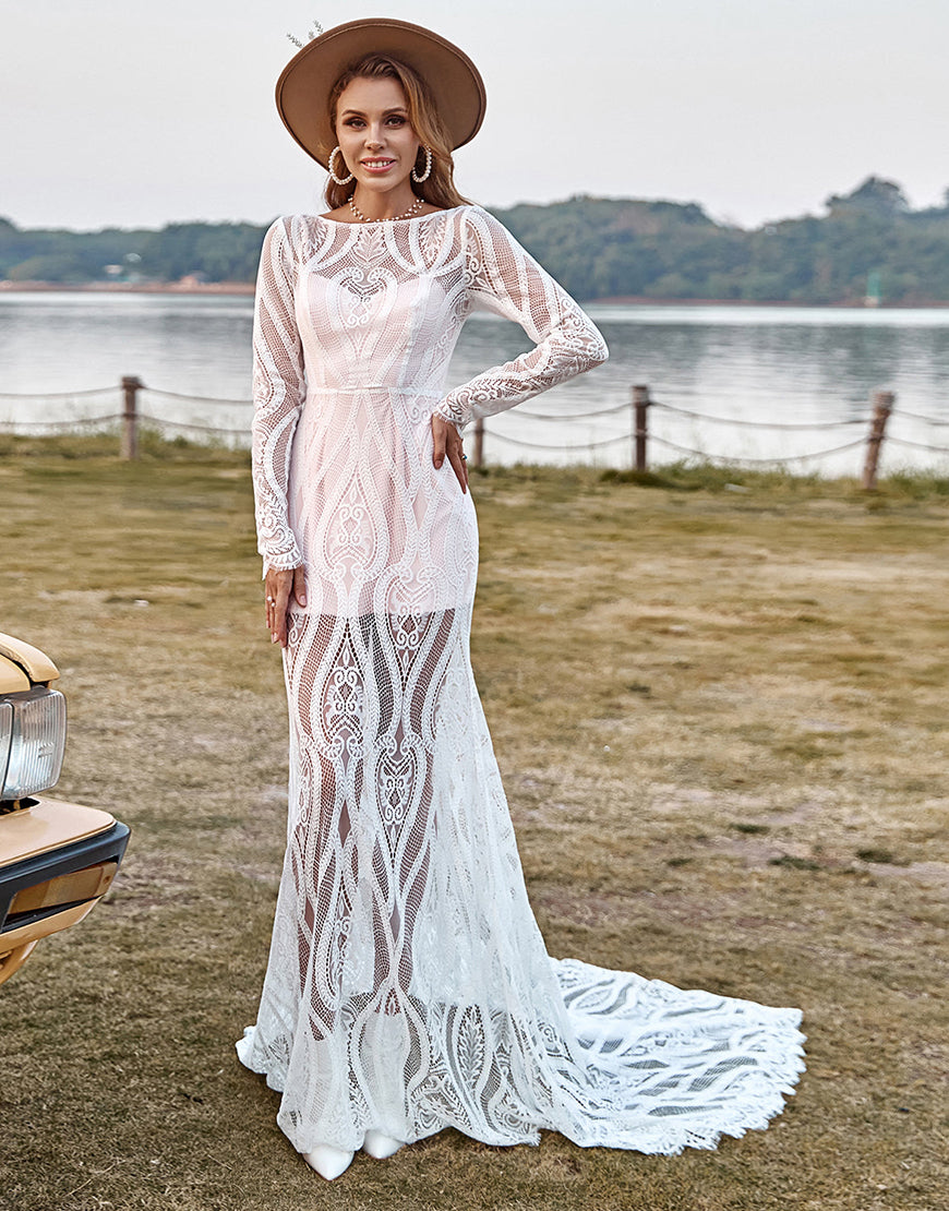 Luolandi Ivory Mermaid Long Sleeves Lace Boho Wedding Dress Floor Length Beautiful
