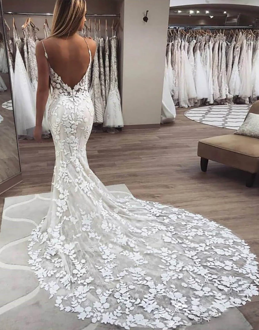 Luolandi Ivory Spaghetti Straps Open Back Long Bridal Dress Wedding Dresses Beautiful