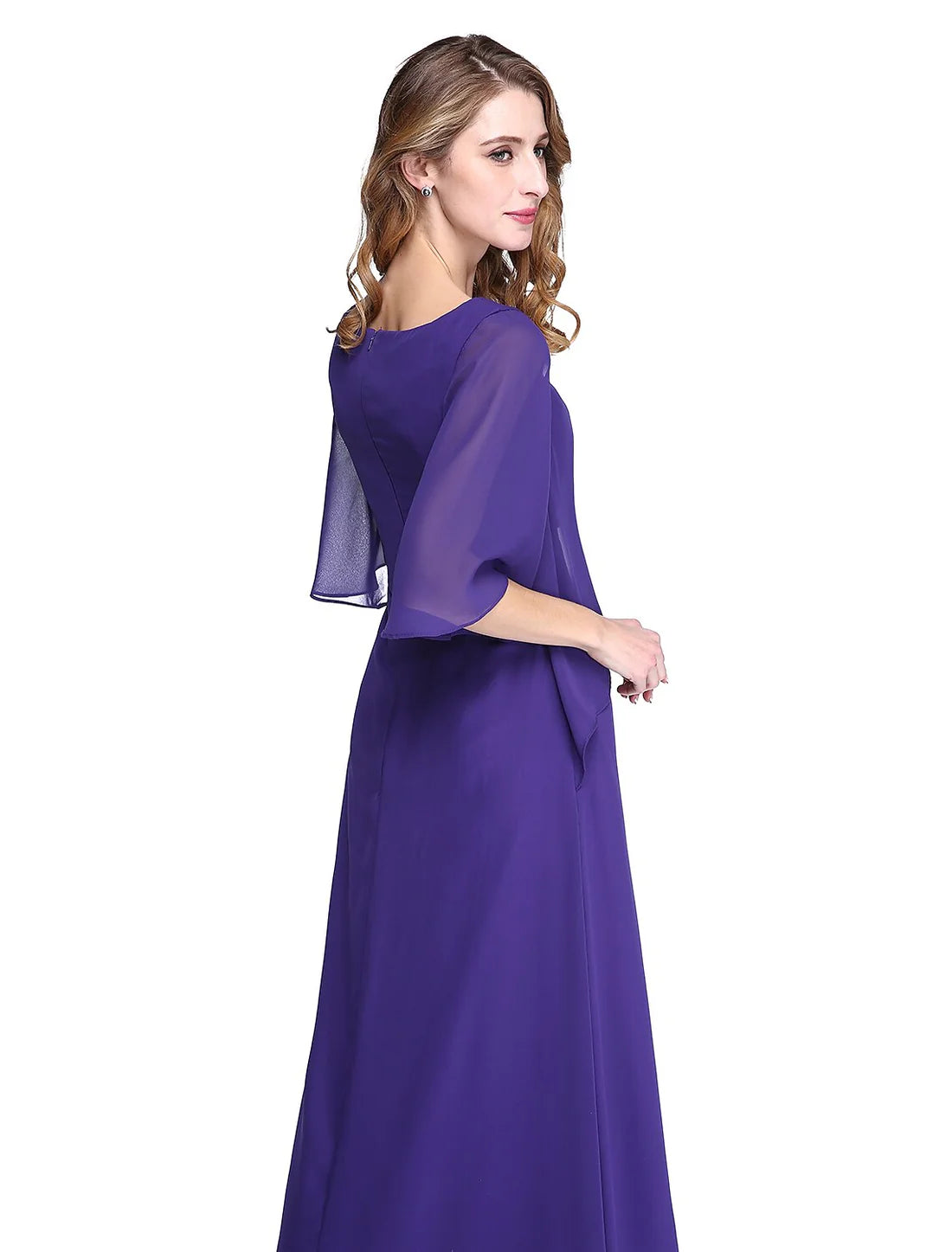 Luolandi Sheath / Column Mother of the Bride Dress Elegant Open Back Jewel Neck Floor Length Chiffon Half Sleeve with Pleats Beading
