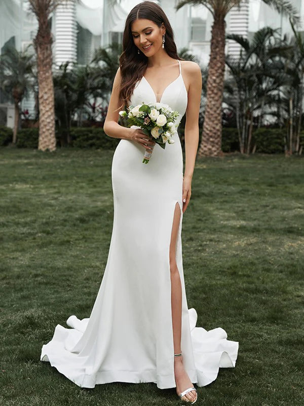 Luolandi Sheath/Column Crepe Ruffles Halter Sleeveless Sweep/Brush Train Wedding Dresses With Slit