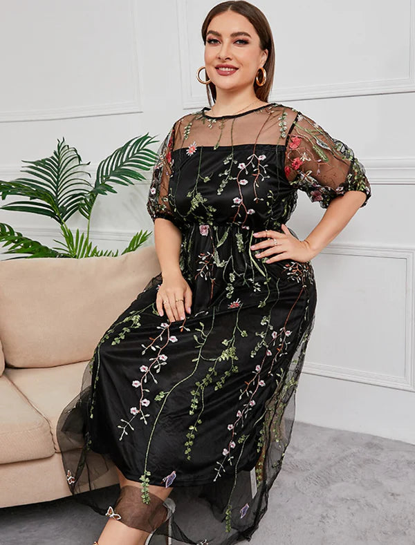 Luolandi Mother of the Bride Dresses Plus Size Curve Hide Belly Party Plus Size Hide Belly Scoop Neck Ankle Length Tulle Half Sleeve with Embroidery Ruching Beautiful