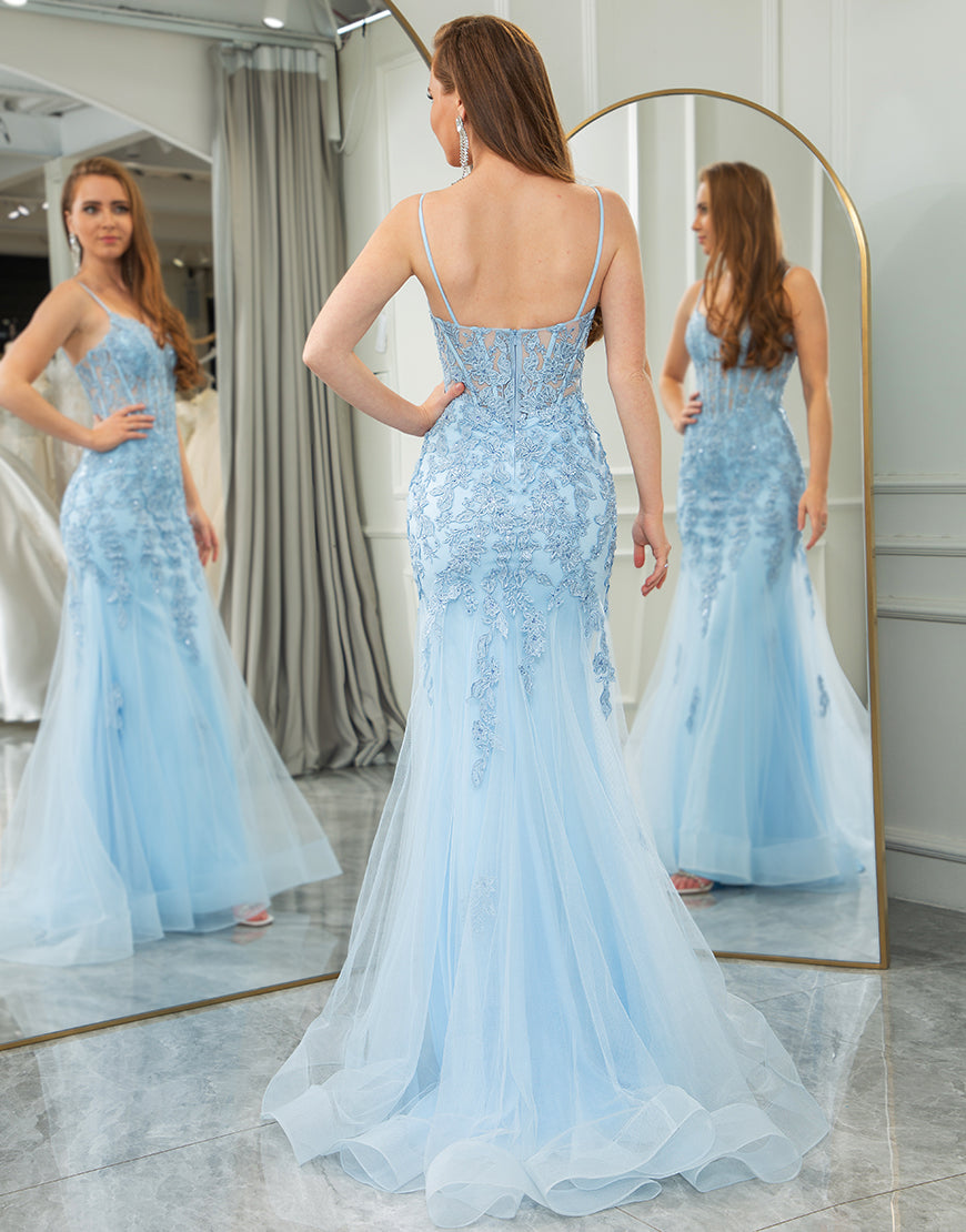 Luolandi Light Blue Mermaid Backless Long Prom Dress Beautiful