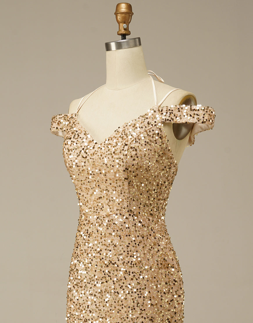 Luolandi Mermaid Off the Shoulder Champagne Prom Dress Sparkly With Slit